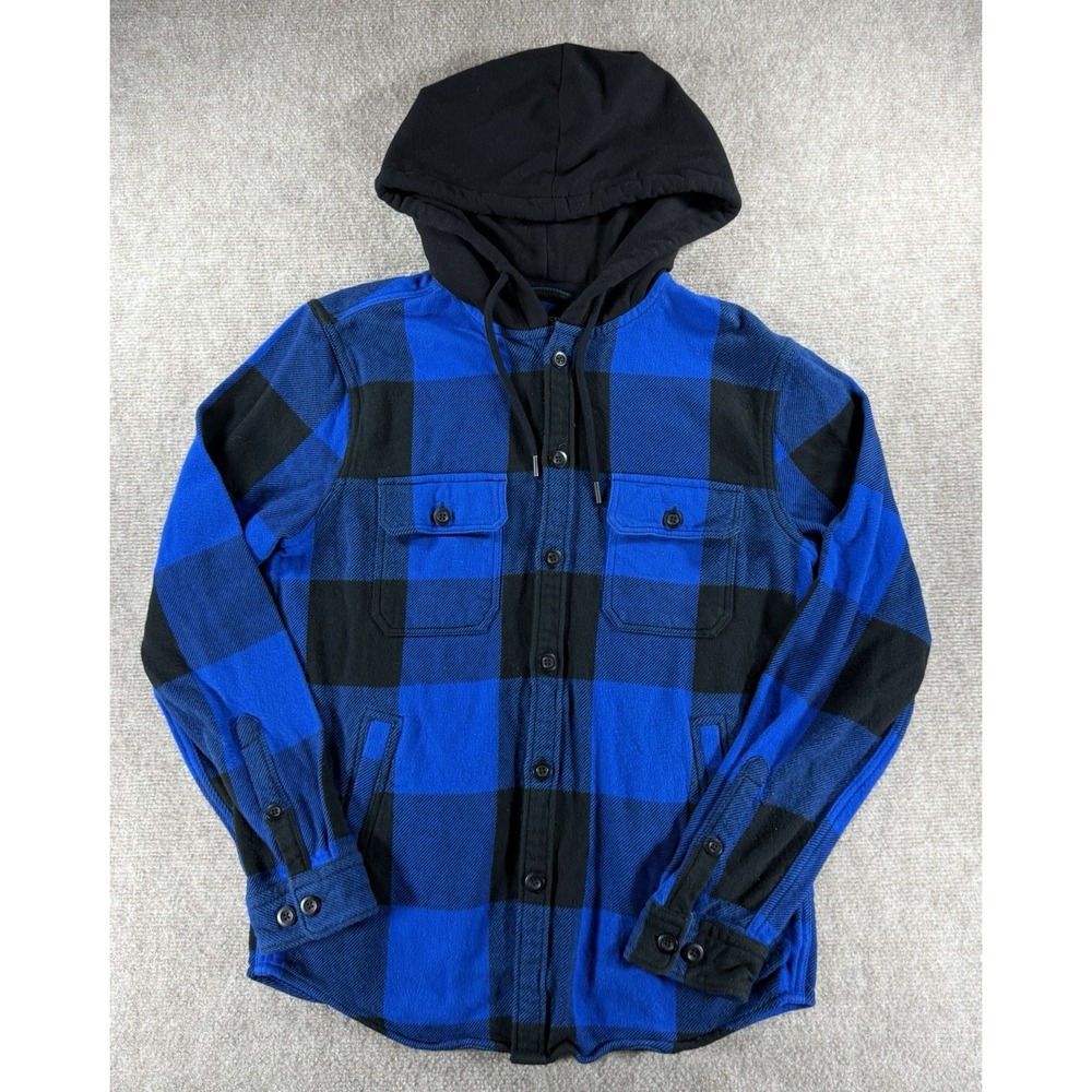 Express Men's Blue Black Buffalo Plaid Flannel Shirt Jacket Hoodie Size M‎